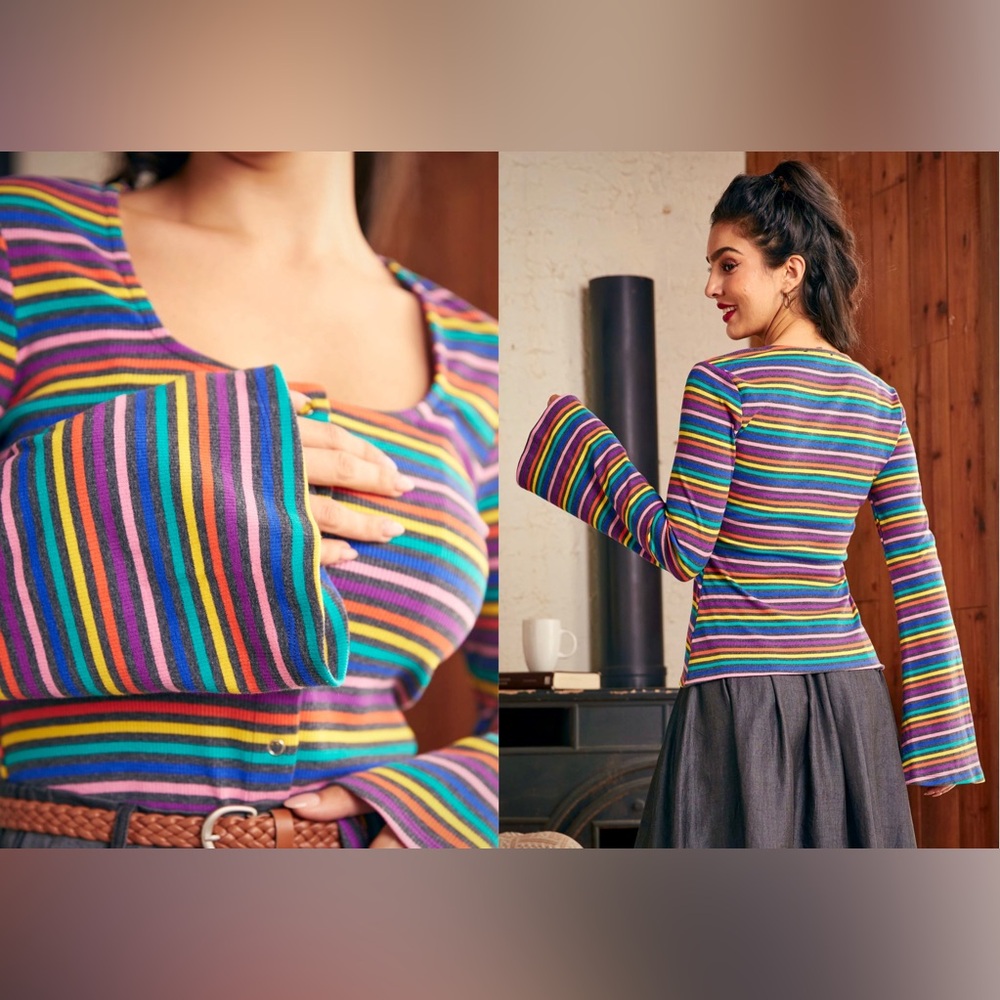 MODCLOTH "Lost In Love" Retro Bell-Sleeve Top, LIKE NEW, Size Medium - Picture 4 of 14